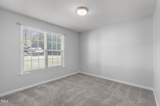 carpeted empty room with plenty of natural light, a textured ceiling, and baseboards