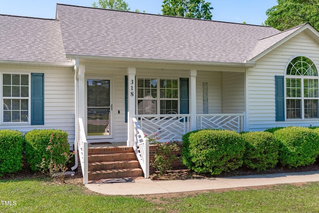 property entrance featuring a shingled roof and a porch