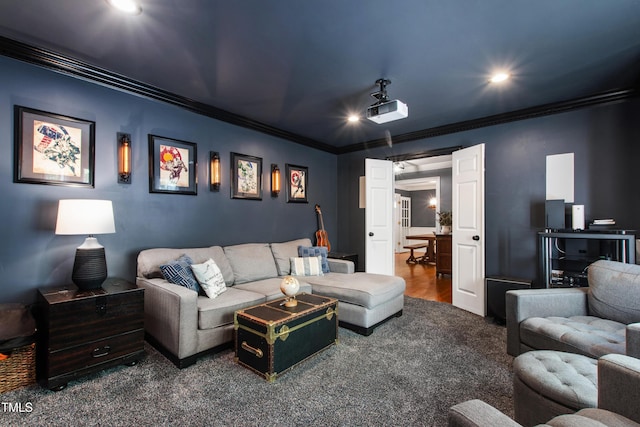 living area with crown molding and recessed lighting