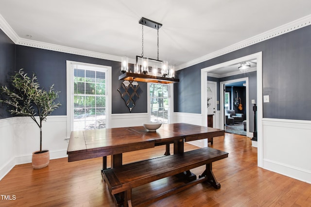 dining area featuring healthy amount of natural light, a wainscoted wall, wood finished floors, ornamental molding, and a chandelier