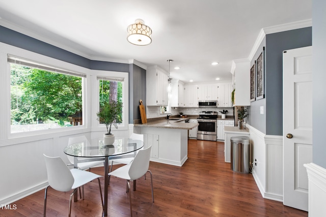 kitchen with appliances with stainless steel finishes, a peninsula, a sink, backsplash, and dark wood-style floors