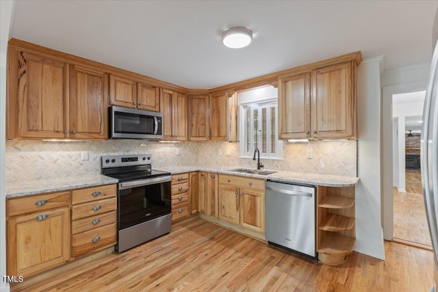 4713 Erwin Rd, Durham, NC 27705 - kitchen with stainless steel appliances, a sink, tasteful backsplash, light wood finished floors, and light stone countertops