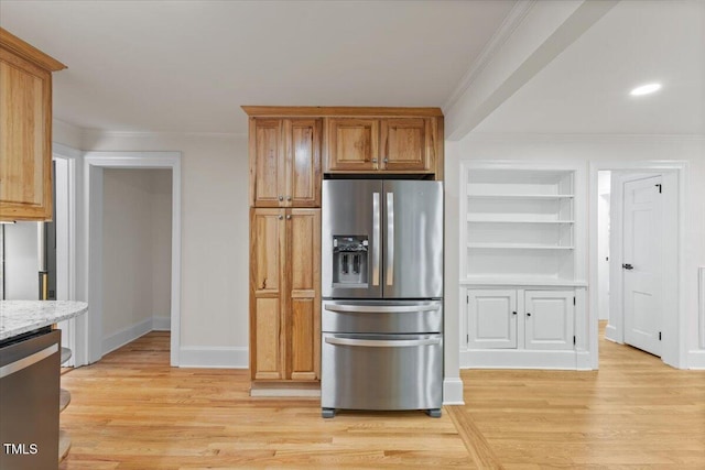 4713 Erwin Rd, Durham, NC 27705 - kitchen featuring stainless steel appliances, light wood-style flooring, ornamental molding, light stone countertops, and baseboards