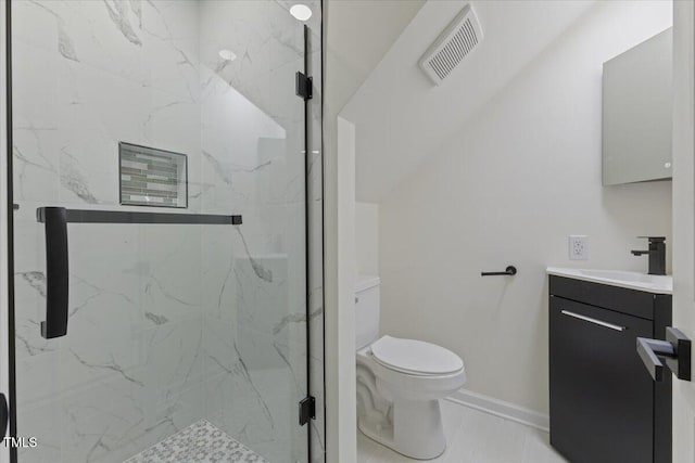 4713 Erwin Rd, Durham, NC 27705 - full bath with vanity, toilet, a marble finish shower, and baseboards