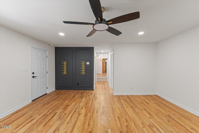 4713 Erwin Rd, Durham, NC 27705 - unfurnished living room featuring light wood-type flooring, recessed lighting, a ceiling fan, and baseboards