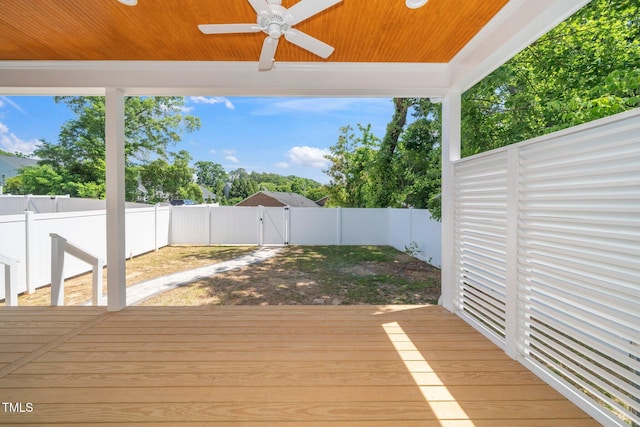 deck featuring ceiling fan and a fenced backyard