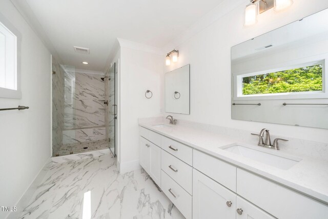 full bath with a marble finish shower, marble look tile flooring, double vanity, baseboards, and recessed lighting
