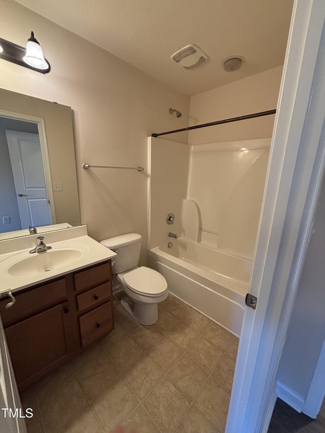 full bath featuring toilet, vanity, shower / bathtub combination, and tile patterned floors