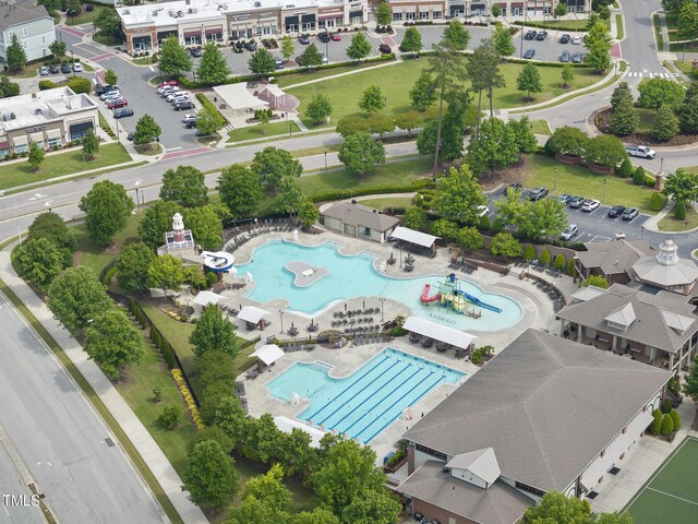 drone / aerial view of a pool area