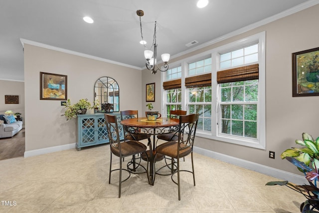dining space featuring ornamental molding, baseboards, light tile patterned floors, a chandelier, and recessed lighting