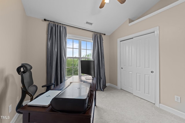 office area with vaulted ceiling, carpet flooring, ceiling fan, and baseboards
