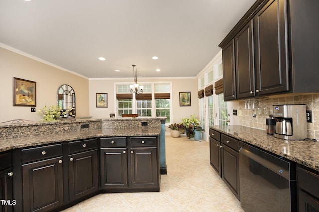 kitchen with dishwasher, light tile patterned floors, crown molding, a chandelier, and backsplash