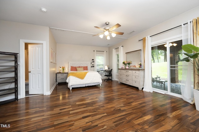 bedroom with access to outside, wood finished floors, baseboards, and a ceiling fan