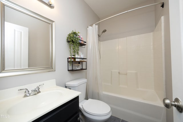 full bathroom featuring toilet, vanity, and shower / bath combination with curtain