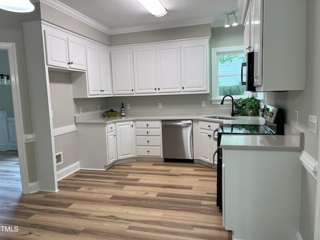 8100 Laurel Mountain Rd, Raleigh, NC 27613 - kitchen featuring dishwasher, crown molding, light wood-style flooring, electric range oven, and white cabinetry