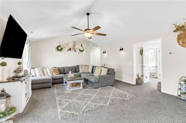 6955 S W St, Godwin, NC 28344 - carpeted living room featuring a ceiling fan, lofted ceiling, and baseboards