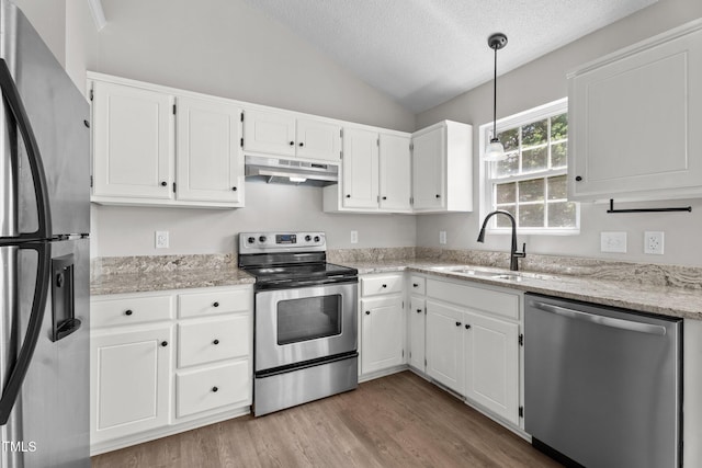 765 S Hollybrook Rd, Wendell, NC 27591 - kitchen with appliances with stainless steel finishes, under cabinet range hood, a sink, lofted ceiling, and a textured ceiling
