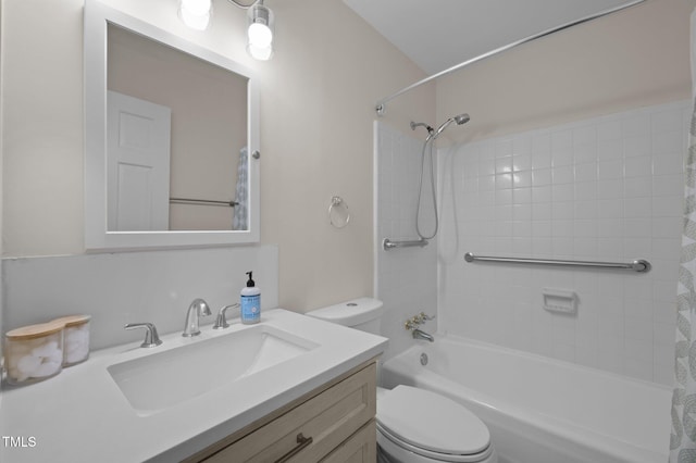 full bathroom with toilet, vanity, and shower / tub combo with curtain