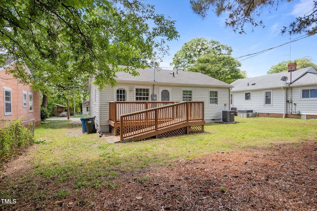 back of house featuring a wooden deck, central AC, and crawl space