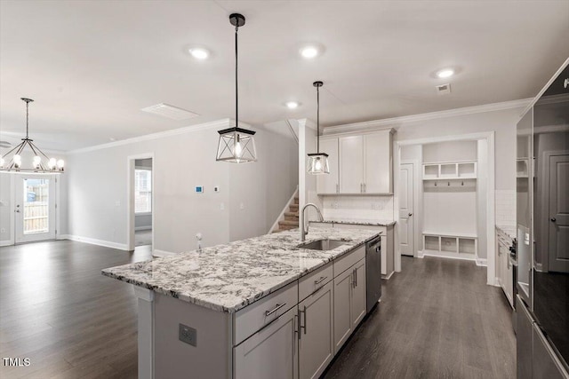 212 Sea Trail St, Hillsborough, NC 27278 - kitchen with tasteful backsplash, a chandelier, dark wood-style flooring, stainless steel dishwasher, and crown molding