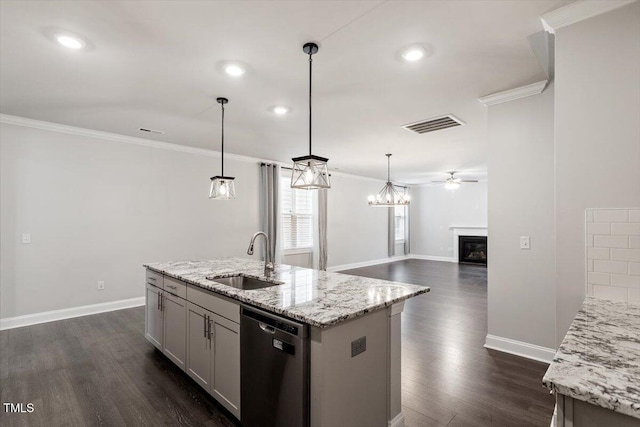 212 Sea Trail St, Hillsborough, NC 27278 - kitchen with dishwasher, a glass covered fireplace, ornamental molding, dark wood-type flooring, and open floor plan