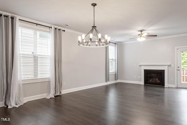 212 Sea Trail St, Hillsborough, NC 27278 - unfurnished living room featuring a chandelier, ceiling fan, dark wood-style floors, ornamental molding, and a glass covered fireplace