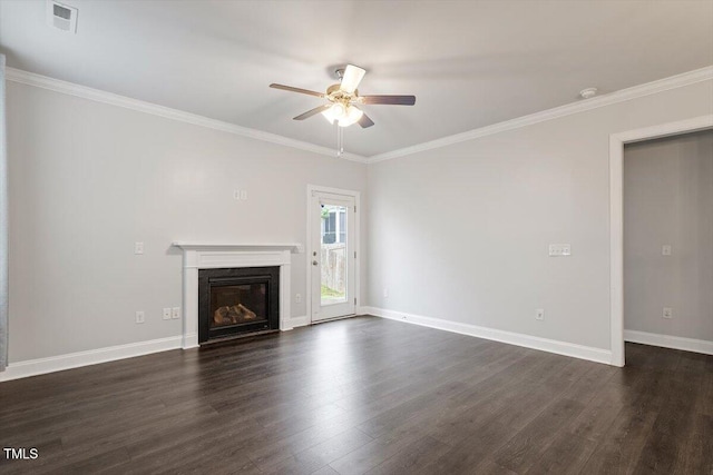 212 Sea Trail St, Hillsborough, NC 27278 - unfurnished living room featuring ceiling fan, dark wood finished floors, a glass covered fireplace, and crown molding