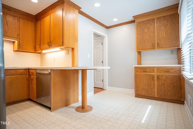 4813 Glen Forest Dr, Raleigh, NC 27612 - kitchen with light countertops, light floors, stainless steel dishwasher, crown molding, and brown cabinets