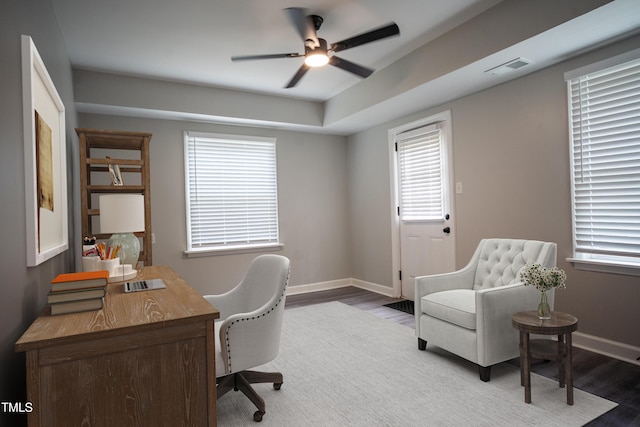 4813 Glen Forest Dr, Raleigh, NC 27612 - office area featuring ceiling fan, wood finished floors, and baseboards
