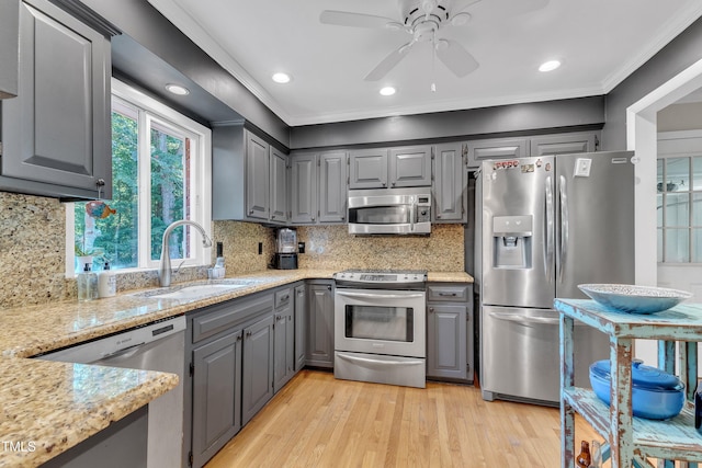 10909 Raven Rock Dr, Raleigh, NC 27614 - kitchen with appliances with stainless steel finishes, gray cabinets, a sink, light wood-style floors, and ceiling fan