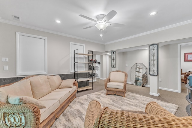 10909 Raven Rock Dr, Raleigh, NC 27614 - living room with ornamental molding, carpet flooring, recessed lighting, a ceiling fan, and baseboards