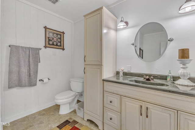 10909 Raven Rock Dr, Raleigh, NC 27614 - bathroom featuring toilet, vanity, tile patterned flooring, and crown molding