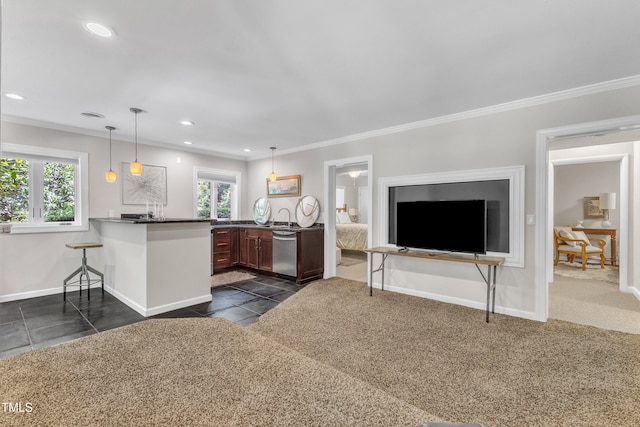 10909 Raven Rock Dr, Raleigh, NC 27614 - kitchen featuring stainless steel dishwasher, recessed lighting, a peninsula, ornamental molding, and baseboards