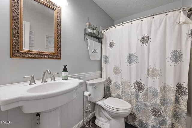 687 W Watson Rd, Benson, NC 27504 - full bath featuring toilet, a textured ceiling, wainscoting, a sink, and a shower with shower curtain