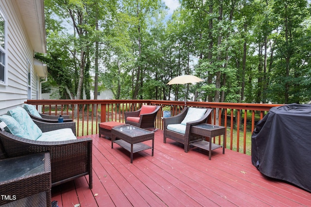 687 W Watson Rd, Benson, NC 27504 - deck with an outdoor hangout area, area for grilling, and view of scattered trees