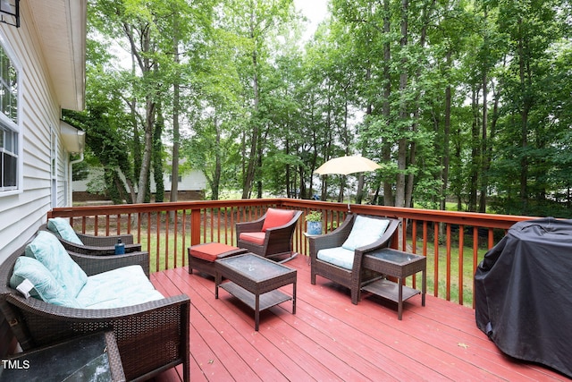687 W Watson Rd, Benson, NC 27504 - wooden terrace with a grill, outdoor lounge area, and view of wooded area