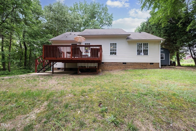 687 W Watson Rd, Benson, NC 27504 - rear view of property featuring stairs, a wooden deck, crawl space, a lawn, and roof with shingles