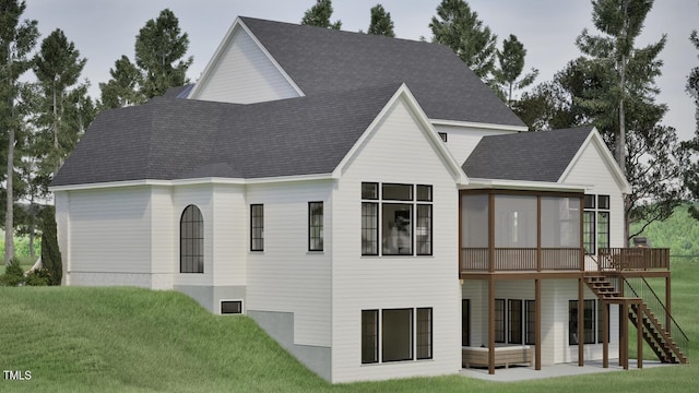913 Tyrrell Rd, Raleigh, NC 27609 - rear view of property with stairs, a sunroom, a yard, and a wooden deck