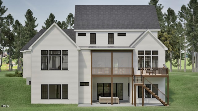 913 Tyrrell Rd, Raleigh, NC 27609 - rear view of property featuring a patio area, a lawn, stairway, a sunroom, and a shingled roof