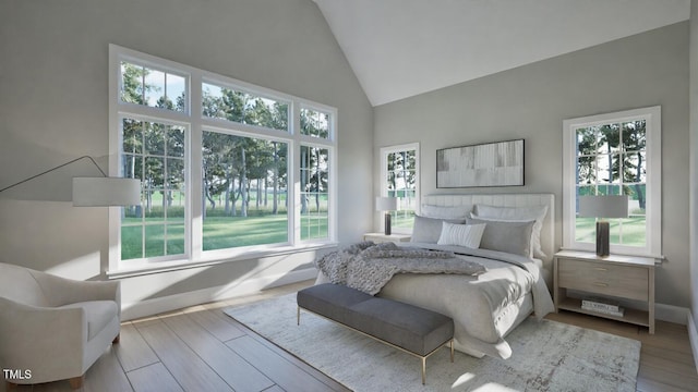 913 Tyrrell Rd, Raleigh, NC 27609 - bedroom with multiple windows, high vaulted ceiling, wood finished floors, and baseboards