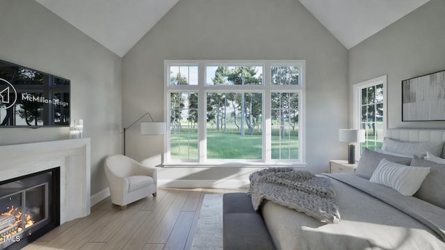 913 Tyrrell Rd, Raleigh, NC 27609 - bedroom featuring high vaulted ceiling, a glass covered fireplace, multiple windows, wood finished floors, and baseboards