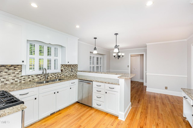 kitchen with a sink, stainless steel dishwasher, a peninsula, decorative backsplash, and white cabinetry