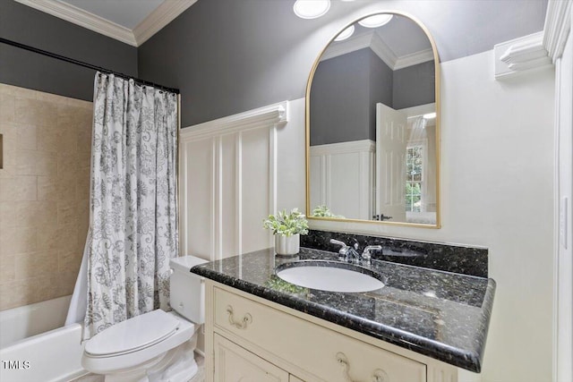 bathroom with toilet, ornamental molding, vanity, and shower / bathtub combination with curtain