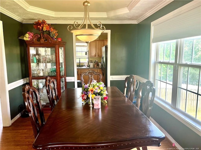 429 Bristlecone Rd, Fayetteville, NC 28311 - dining space featuring dark wood finished floors, crown molding, baseboards, and a raised ceiling
