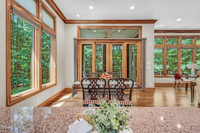 289 Stoneview, Pittsboro, NC 27312 - dining area with ornamental molding, baseboards, plenty of natural light, wood finished floors, and recessed lighting