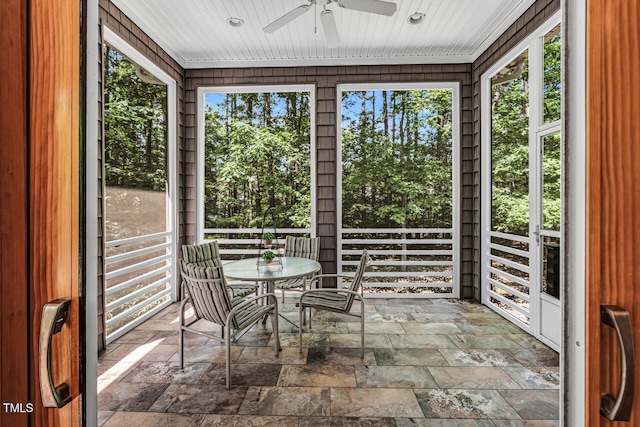 289 Stoneview, Pittsboro, NC 27312 - sunroom featuring ceiling fan, stone tile flooring, wooden ceiling, and recessed lighting