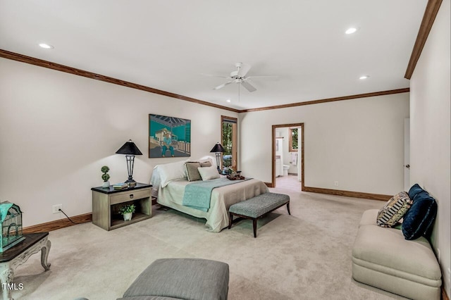 289 Stoneview, Pittsboro, NC 27312 - bedroom with ornamental molding, recessed lighting, light carpet, baseboards, and a ceiling fan