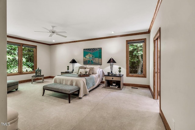 289 Stoneview, Pittsboro, NC 27312 - bedroom with ornamental molding, light colored carpet, baseboards, a ceiling fan, and recessed lighting
