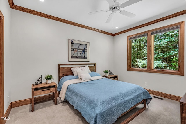 289 Stoneview, Pittsboro, NC 27312 - bedroom featuring baseboards, ornamental molding, light carpet, recessed lighting, and ceiling fan
