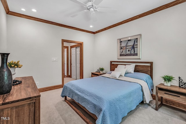 289 Stoneview, Pittsboro, NC 27312 - bedroom with light colored carpet, ornamental molding, recessed lighting, baseboards, and a ceiling fan